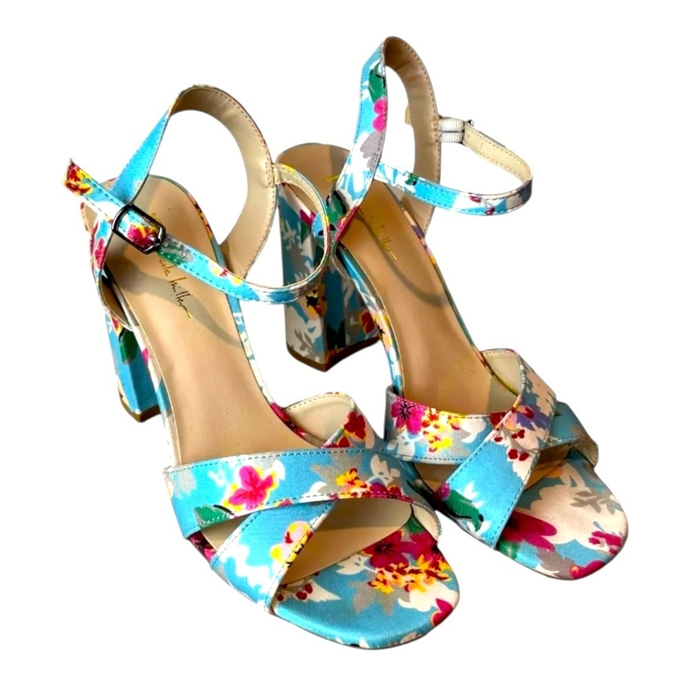 N by Nicole Miller Barbara Women's Blue Floral Sandals Size 11 Block Heel